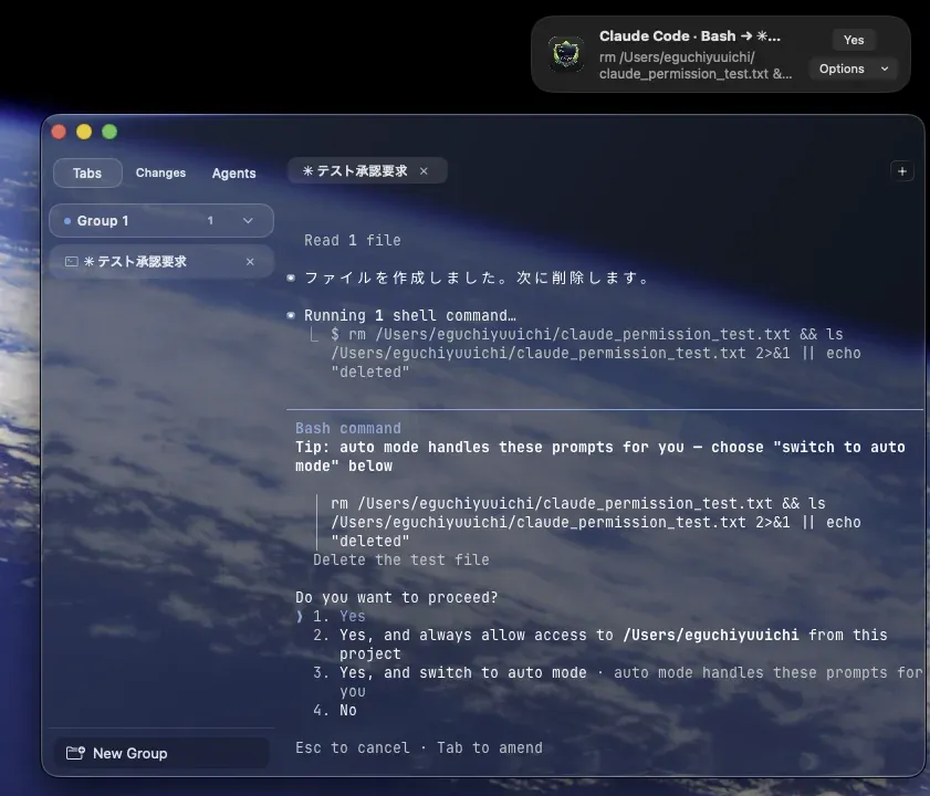 画面右上に通知の形で表示された権限リクエスト。主要な操作と Options メニューが並んでいる。