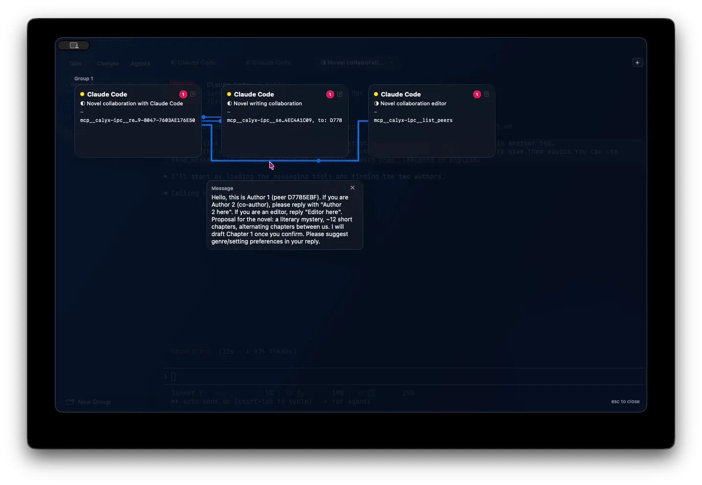 Mission Map over a dimmed Calyx window: three Claude Code cards in a row, each with a yellow state dot, an unread badge of 1, its pane title, and the calyx-ipc tool call it is running. Blue lines join the cards, and below them a popover titled Message shows the text one agent sent.